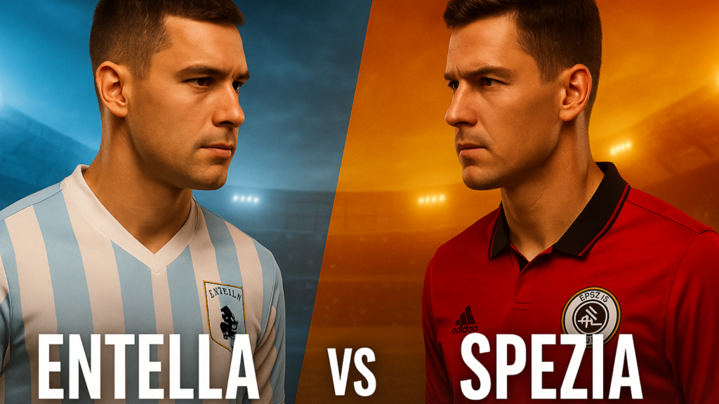 match Entella vs Spezia con due giocatori fronteggiati e sfondo da stadio.