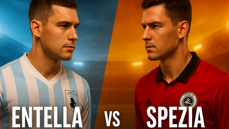 match Entella vs Spezia con due giocatori fronteggiati e sfondo da stadio.