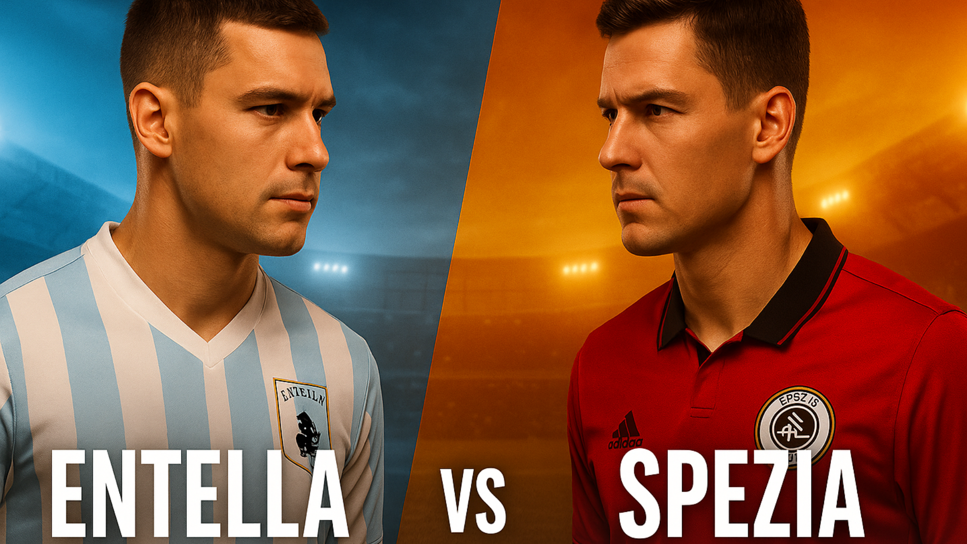 match Entella vs Spezia con due giocatori fronteggiati e sfondo da stadio.