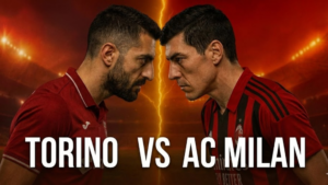 promozionale del match Torino vs AC Milan con due giocatori fronteggiati e sfondo luminoso stile stadio.