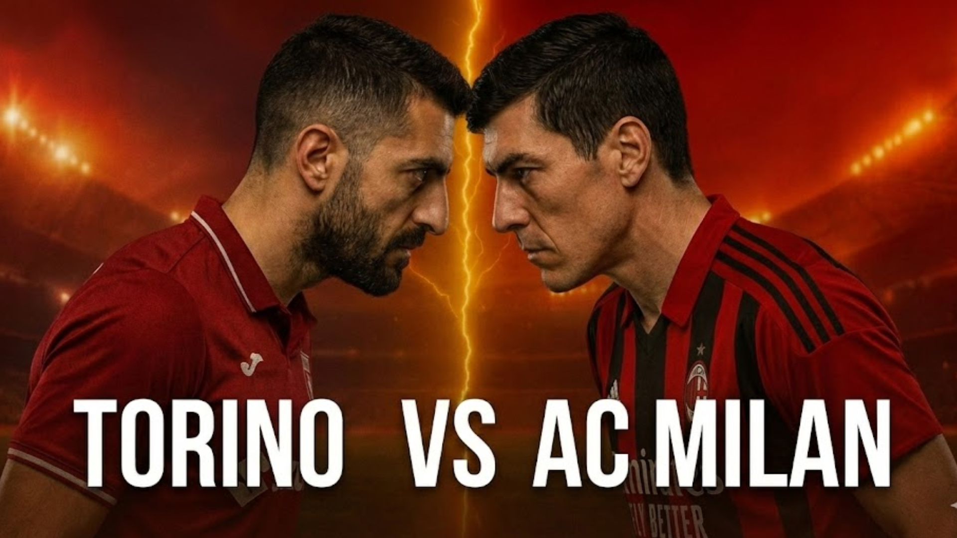 promozionale del match Torino vs AC Milan con due giocatori fronteggiati e sfondo luminoso stile stadio.